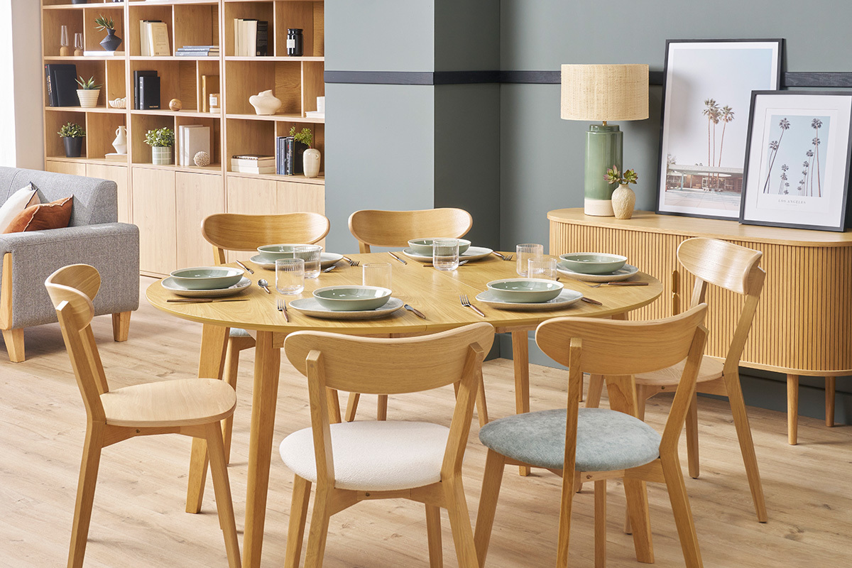Mesa de comedor diseo redonda extensible roble L120-150 LEENA