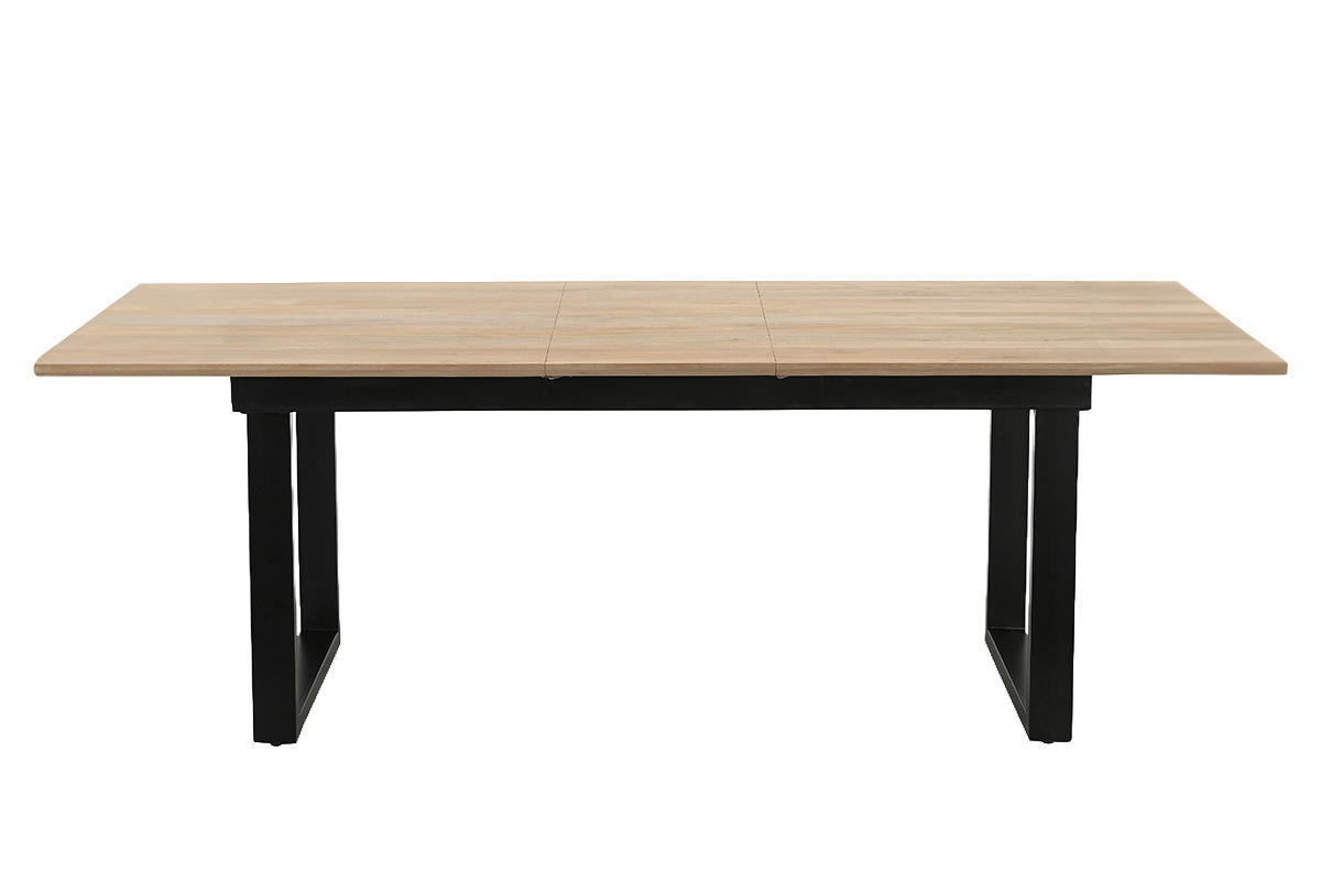 Mesa de comedor extensible de madera clara de mango maciza y metal negro, vista frontal