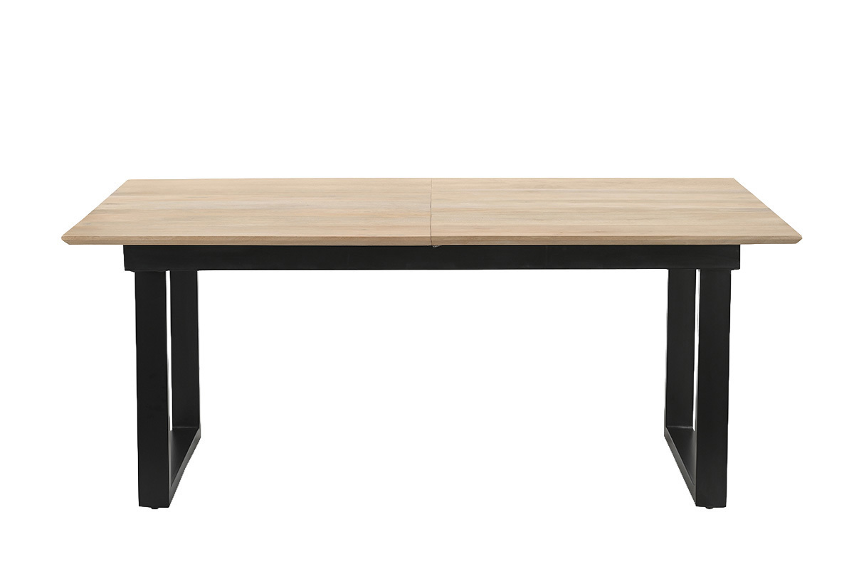 Mesa de comedor extensible de madera clara de mango maciza y metal negro, vista frontal