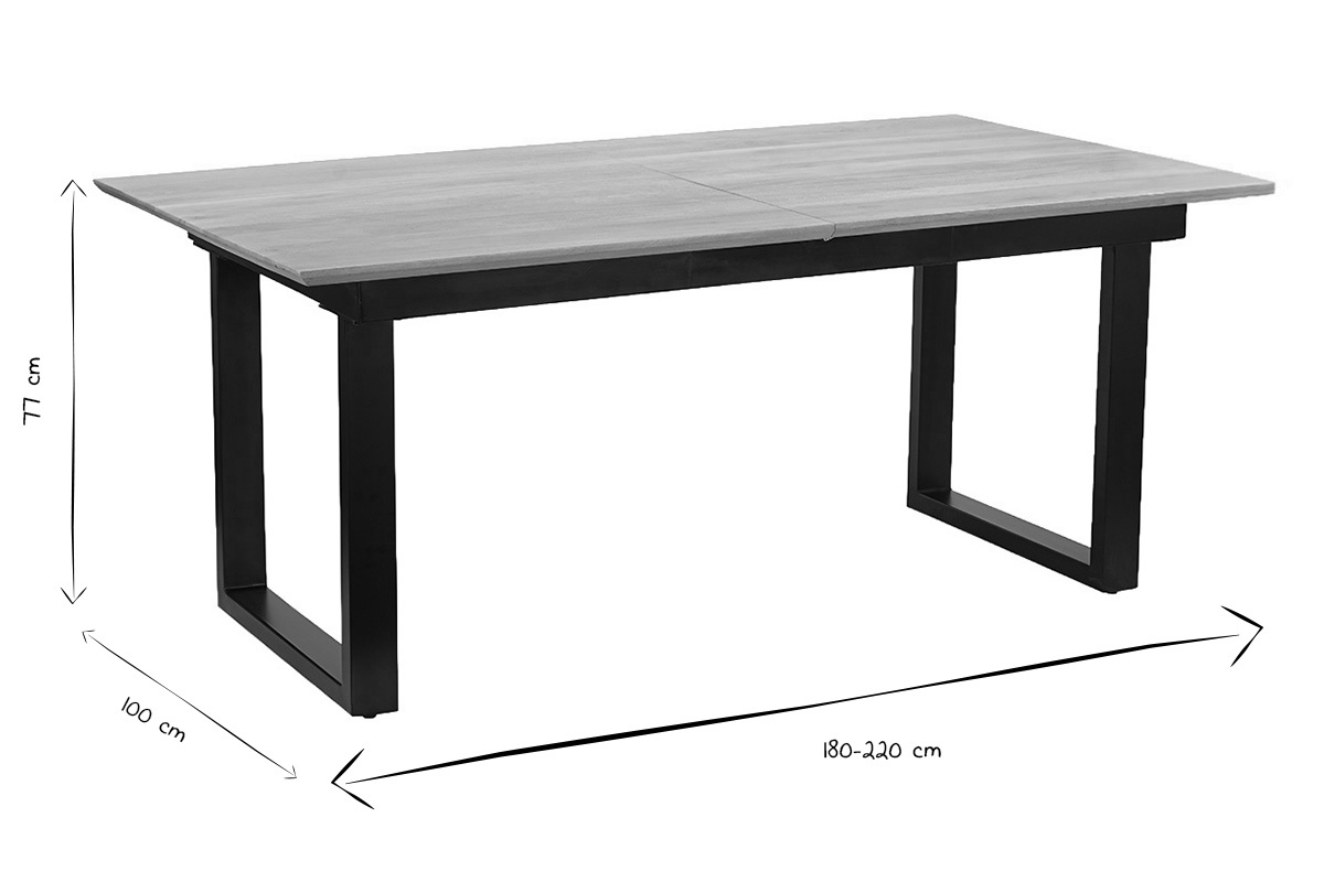 Dimensiones de la mesa de comedor extensible: 77 cm de altura, 100 cm de ancho, 180-220 cm de largo, en negro y blanco.