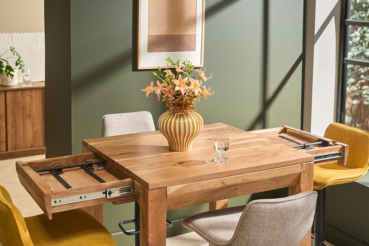 Mesa de comedor extensible en acacia maciza L80-135 cm BALTO