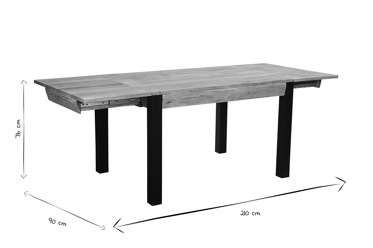 Mesa de comedor extensible en acacia maciza y metal negro L120-210 cm TRAP