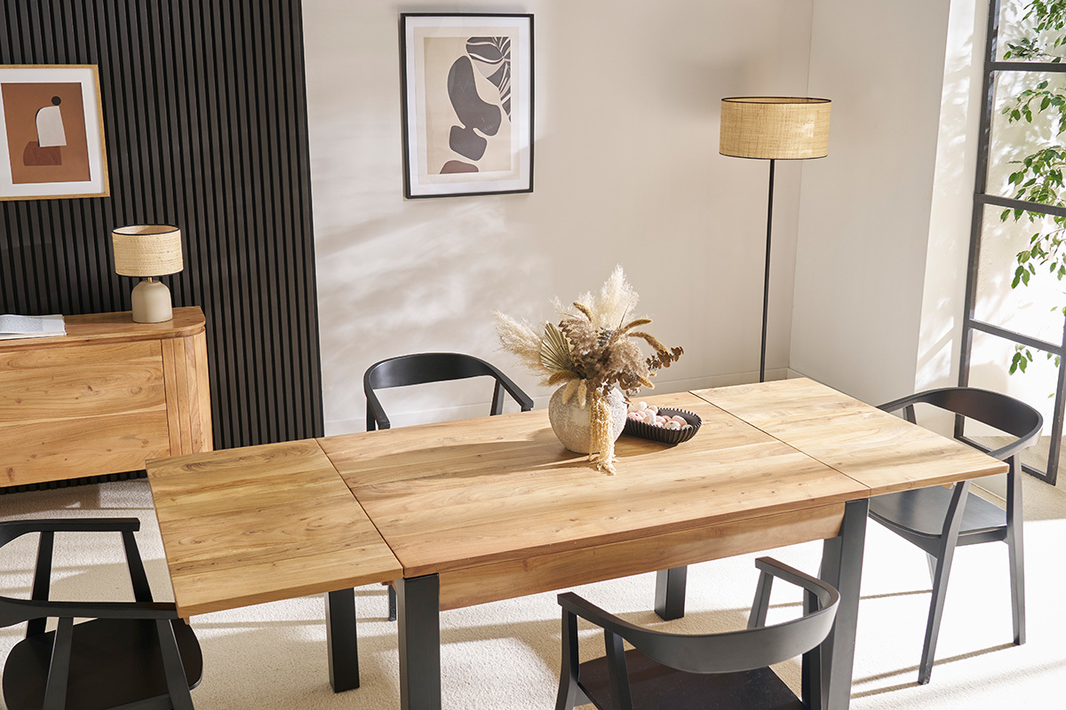 Mesa de comedor extensible en acacia maciza y metal negro L120-210 cm TRAP
