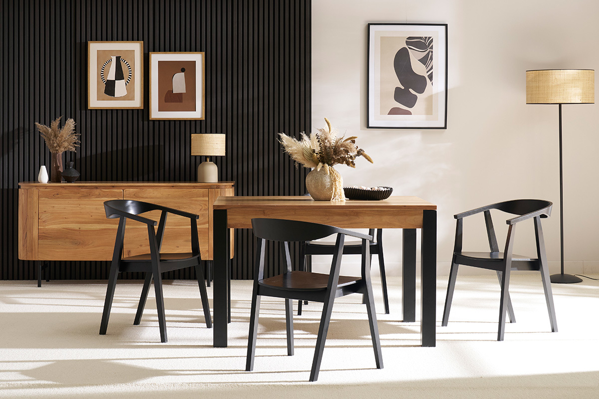 Mesa de comedor extensible en acacia maciza y metal negro L120-210 cm TRAP