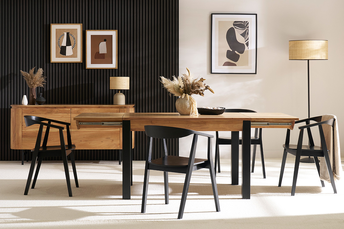 Mesa de comedor extensible en acacia maciza y metal negro L120-210 cm TRAP