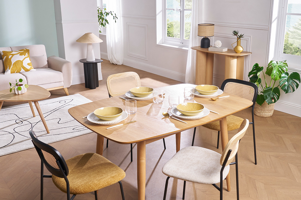Mesa de comedor extensible en fresno natural L130-160 NORDECO