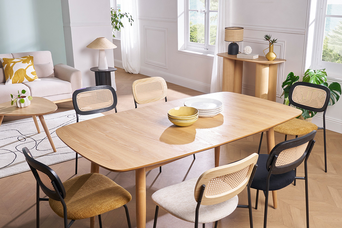 Mesa de comedor extensible en fresno natural L130-160 NORDECO