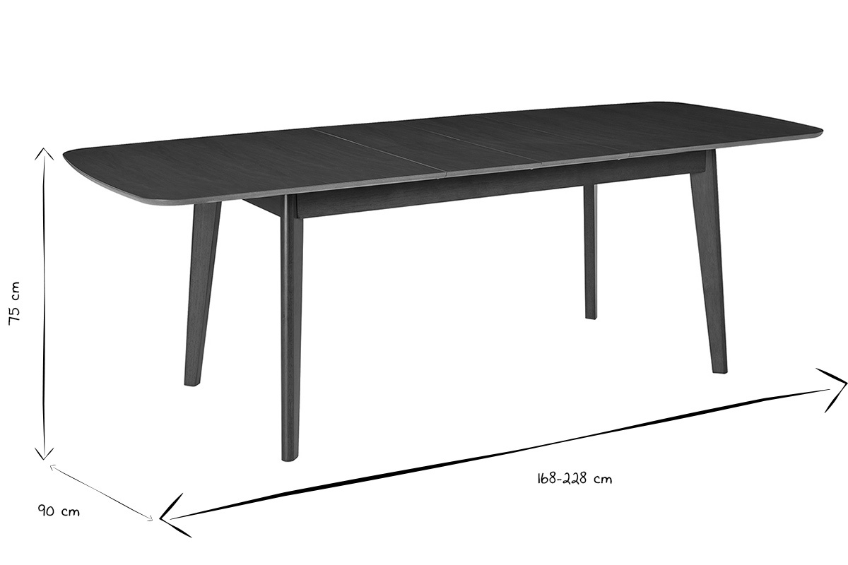 Dimensiones de la mesa de comedor extensible escandinava LEENA en negro y blanco.