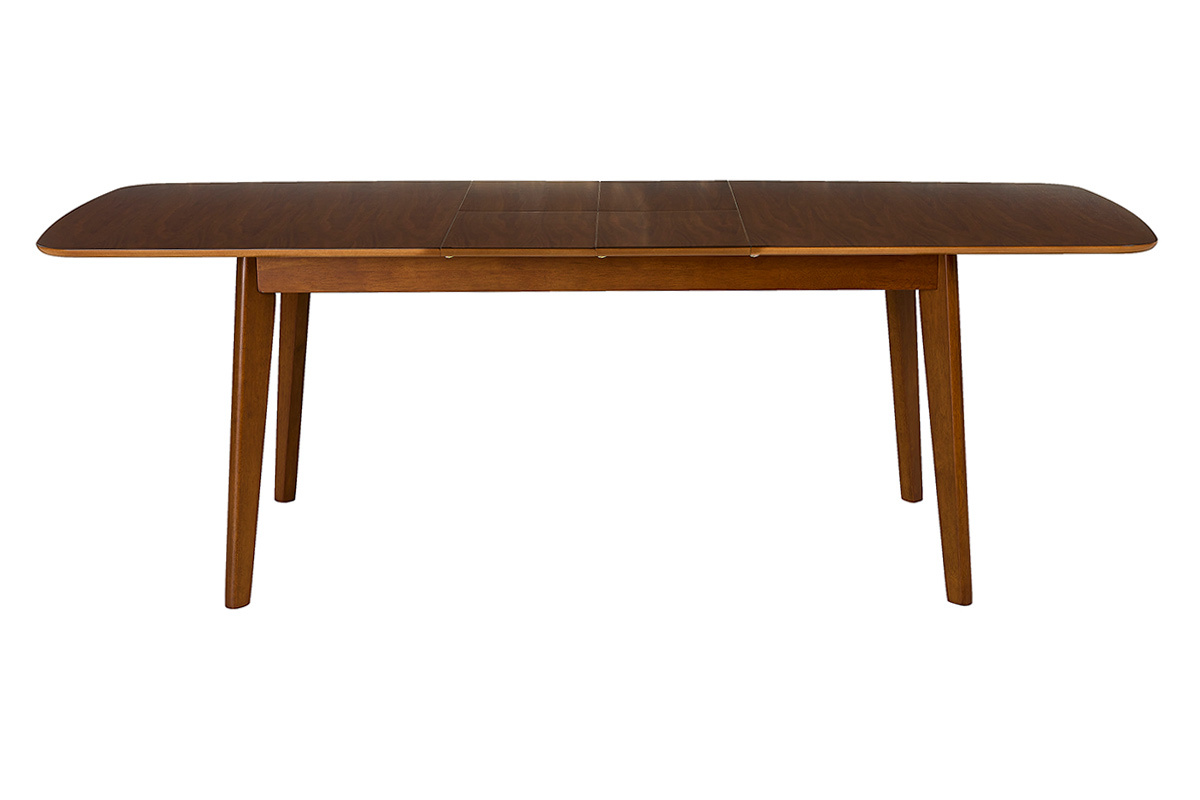 Mesa de comedor extensible escandinava de madera oscura, vista frontal.