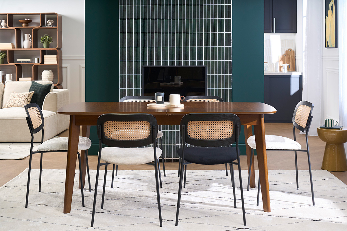 Mesa de comedor extensible escandinava con extensiones integradas en madera oscura nogal L168-228 cm LEENA