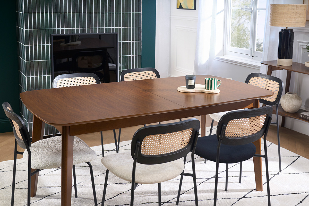 Mesa de comedor extensible escandinava con extensiones integradas en madera oscura nogal L168-228 cm LEENA