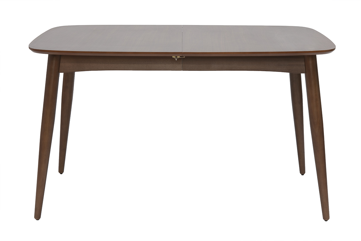 Mesa de comedor extensible NORDECO en nogal, vista frontal, longitud de 130 a 190 cm.
