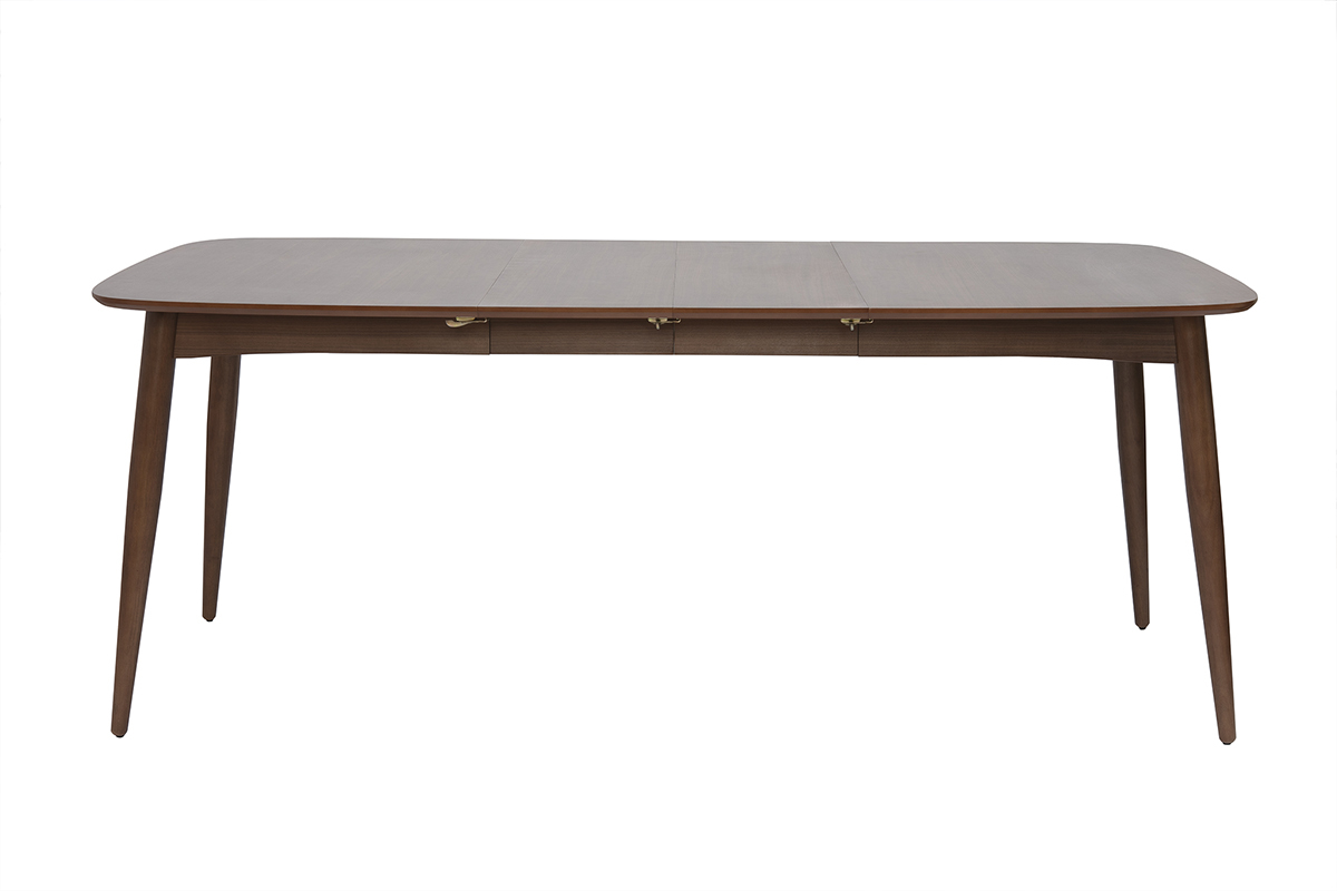 Mesa de comedor extensible NORDECO en nogal, vista frontal, 130-190 cm.
