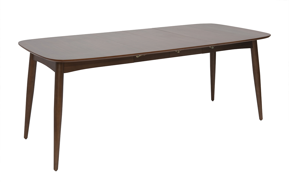 Mesa de comedor extensible NORDECO nogal, vista de 3/4, longitud 130-190 cm