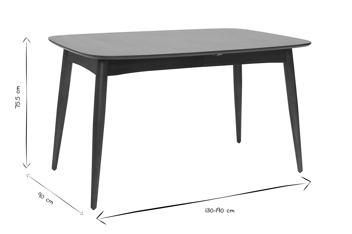 Dimensiones de la mesa de comedor extensible NORDECO en blanco y negro, L130-190 cm, H75.5 cm, P90 cm