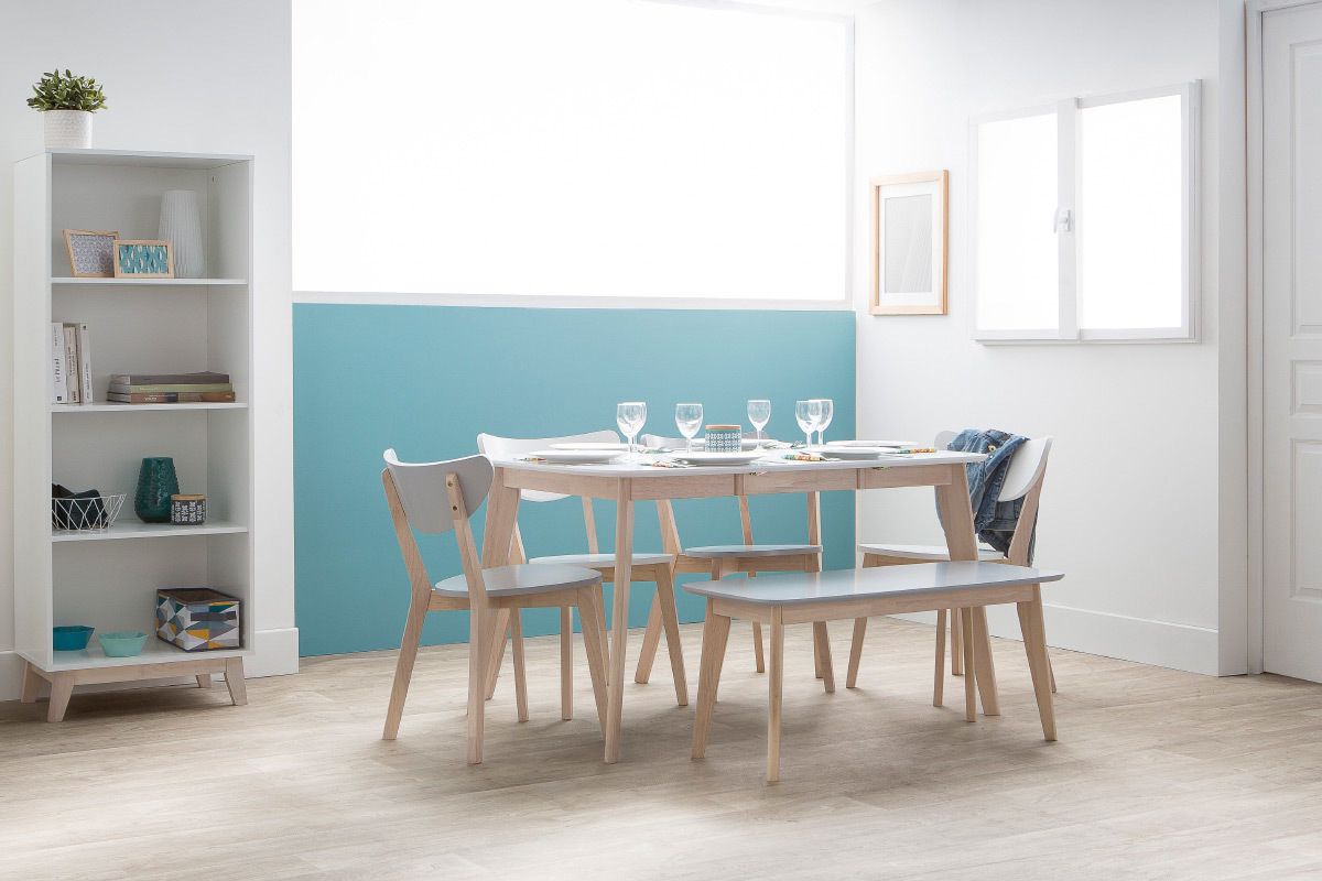 Mesa de comedor extensible nrdica blanca y madera L90-130 LEENA