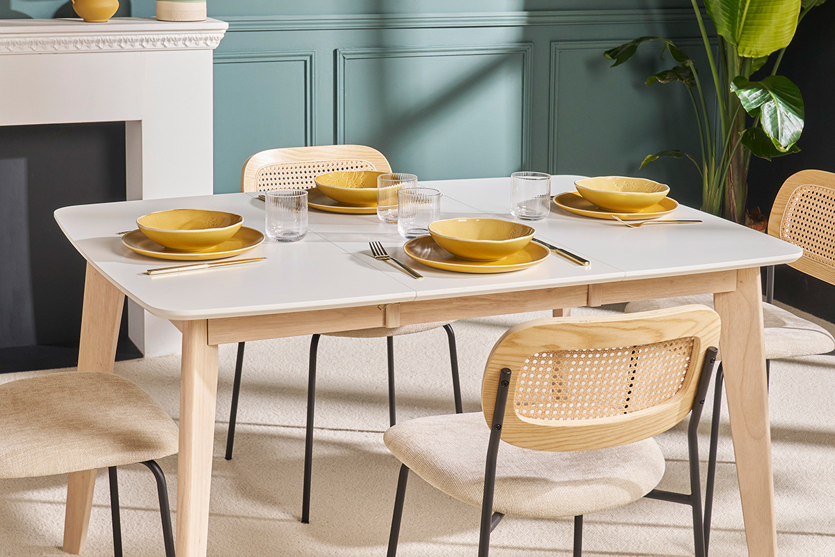Mesa de comedor extensible nrdica blanca y madera L90-130 LEENA