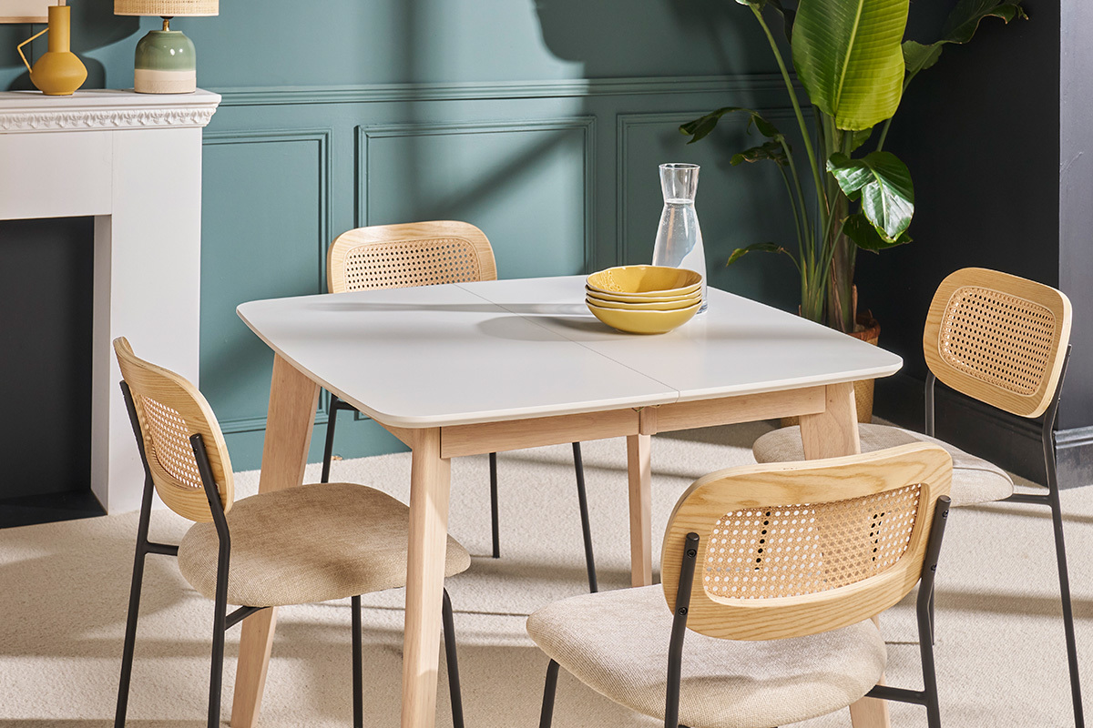 Mesa de comedor extensible nrdica blanca y madera L90-130 LEENA