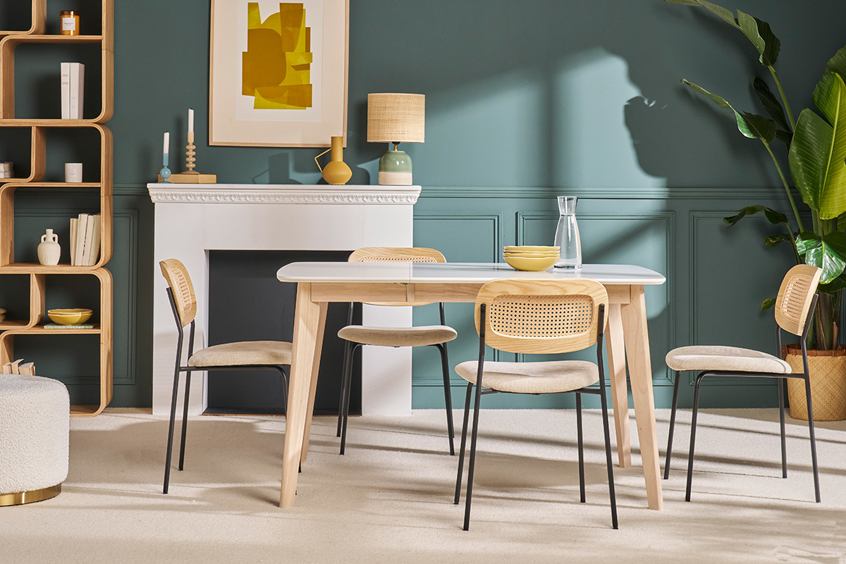 Mesa de comedor extensible nrdica blanca y madera L90-130 LEENA