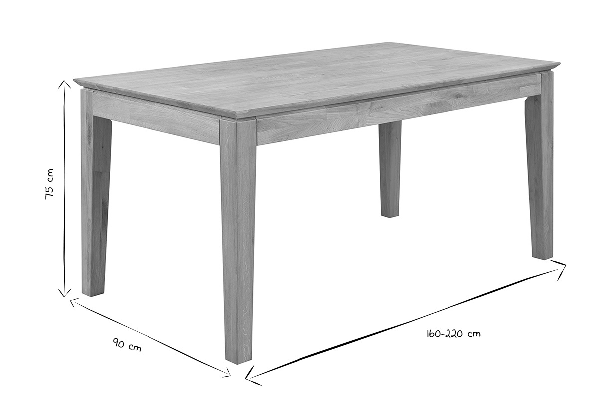 Mesa de comedor extensible rectangular de madera clara de roble macizo L160-220 cm YULIA