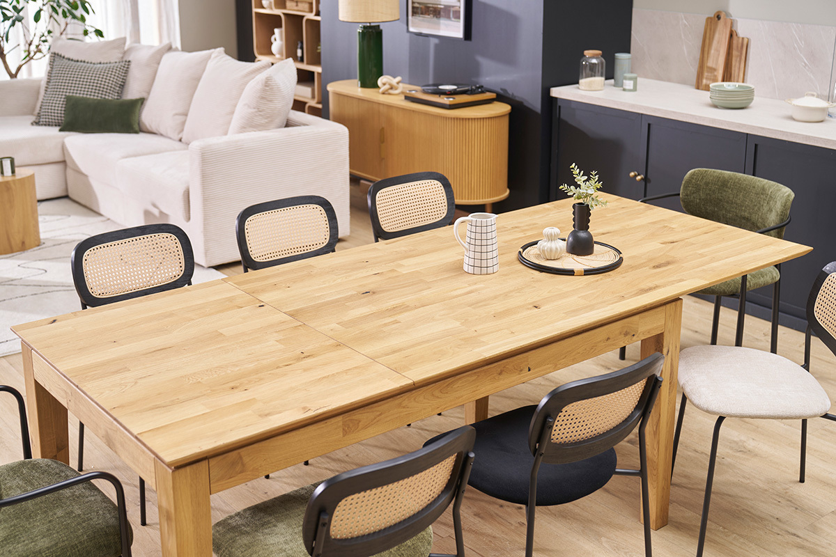 Mesa de comedor extensible rectangular de madera clara de roble macizo L160-220 cm YULIA