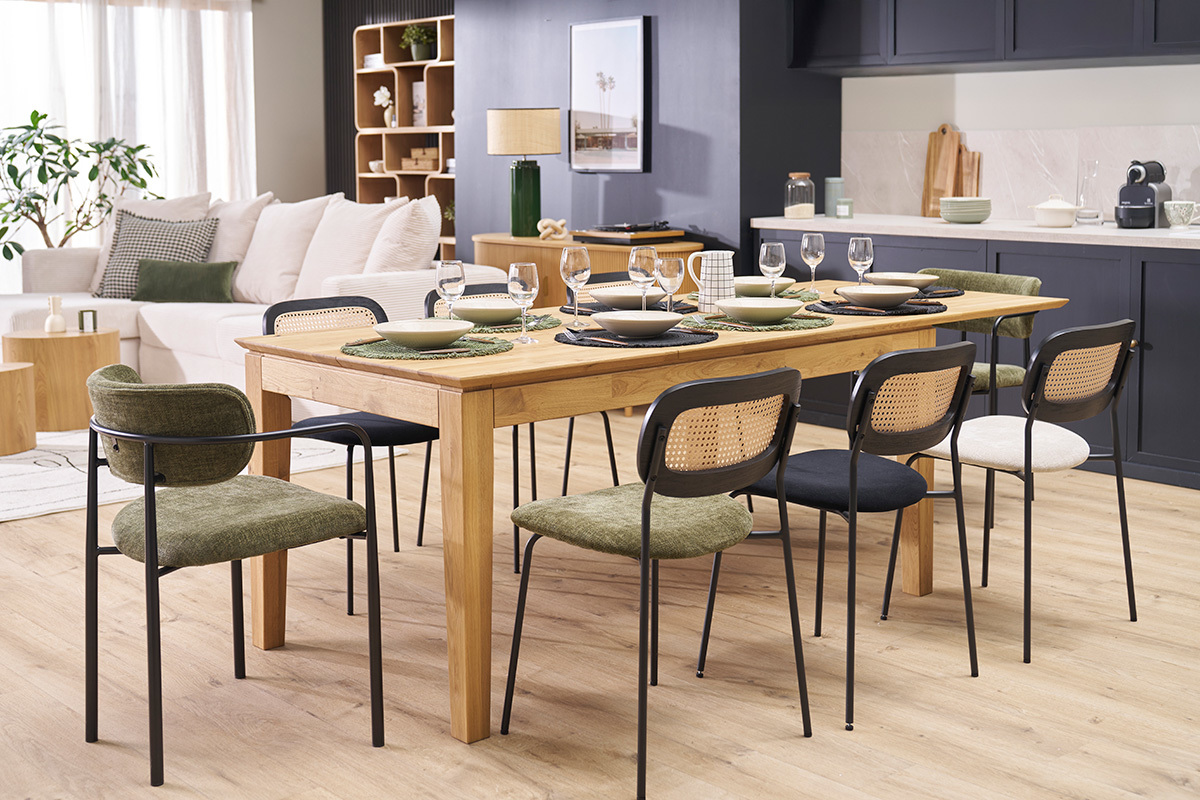 Mesa de comedor extensible rectangular de madera clara de roble macizo L160-220 cm YULIA