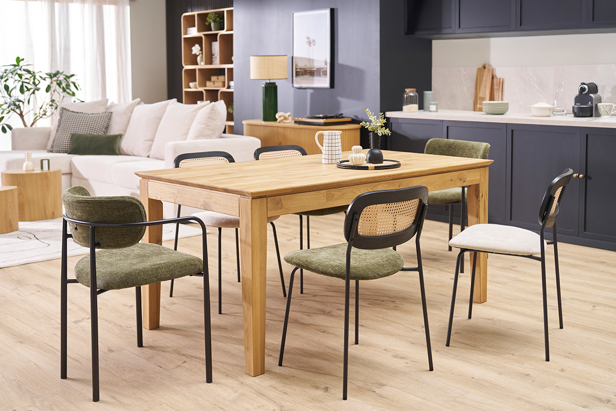 Mesa de comedor extensible rectangular de madera clara de roble macizo L160-220 cm YULIA