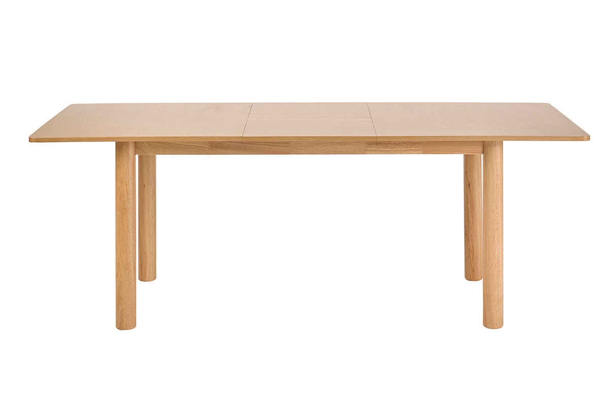 Mesa de comedor extensible rectangular de madera clara, vista frontal, dimensiones L160-210 cm.