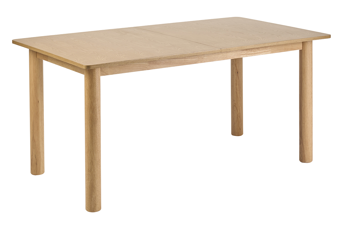 Mesa de comedor extensible rectangular de madera clara, vista en 3/4, dimensiones L160-210 cm.