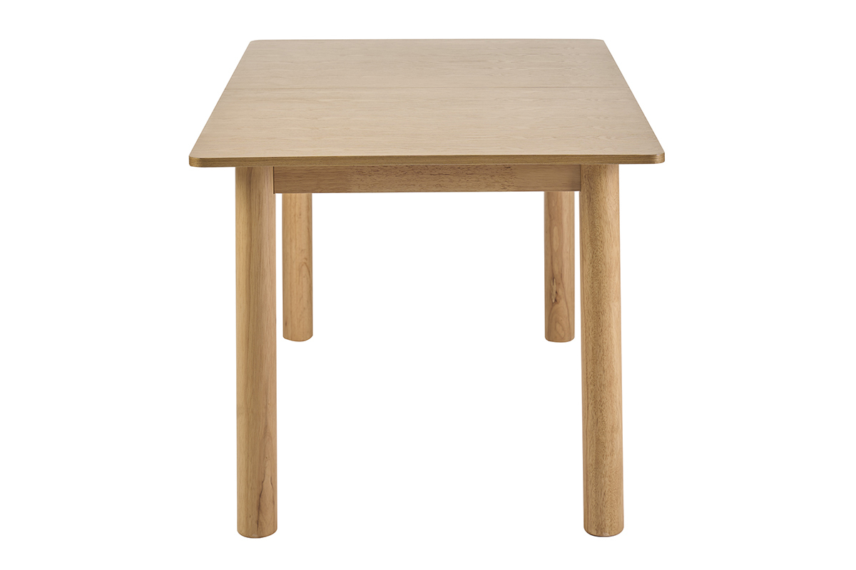 Mesa de comedor rectangular extensible de madera clara, vista de perfil.