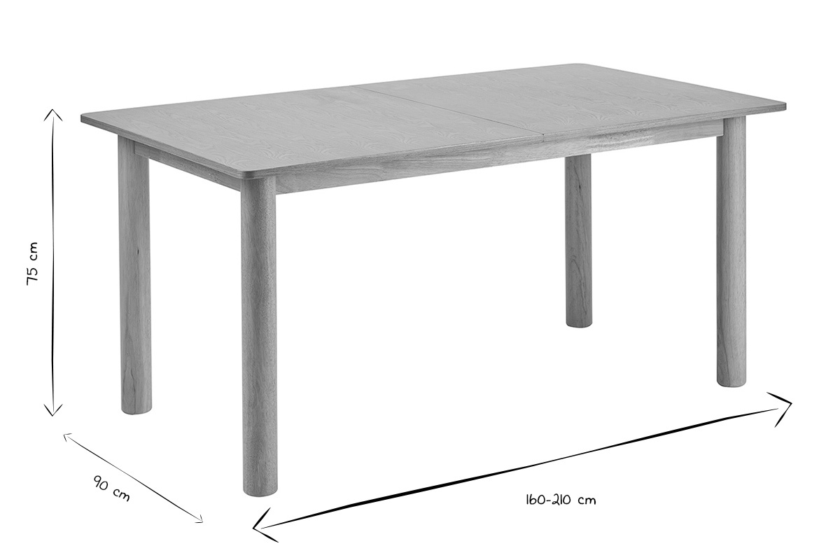 Dimensiones de la mesa de comedor extensible en blanco y negro, L160-210 x A90 x H75 cm.