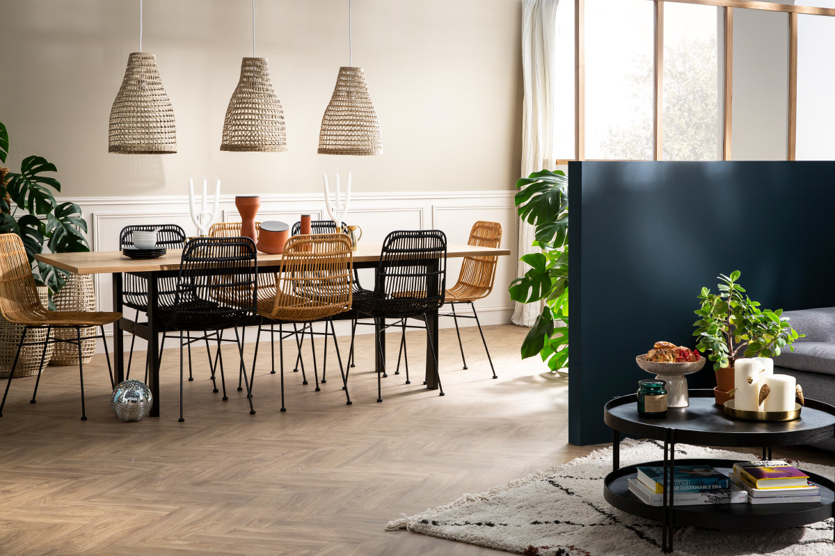 Mesa de comedor industrial chapado roble y metal negro L230 cm HILBA