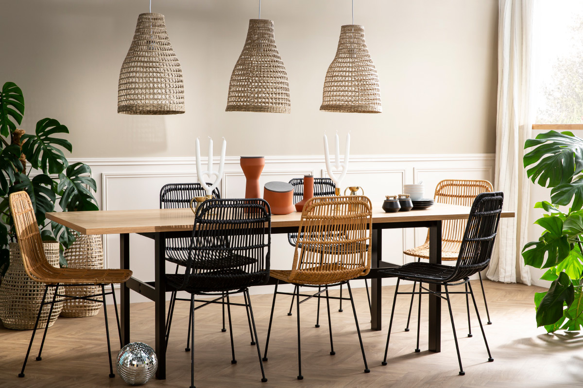 Mesa de comedor industrial chapado roble y metal negro L230 cm HILBA