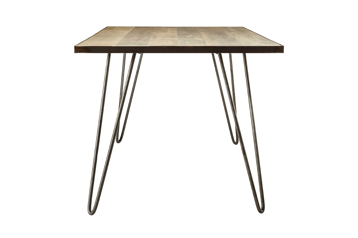 Mesa de comedor industrial de madera de mango y metal, vista de perfil