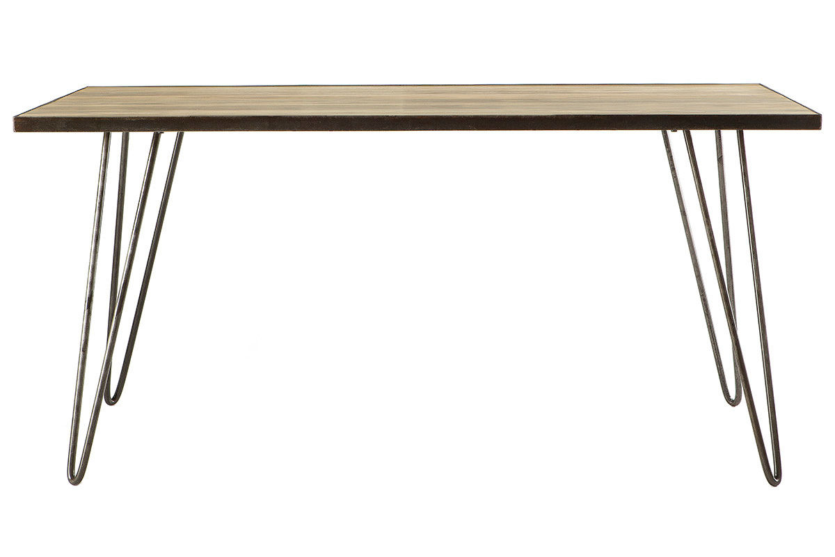 Mesa de comedor rectangular industrial de mango y metal, vista frontal.