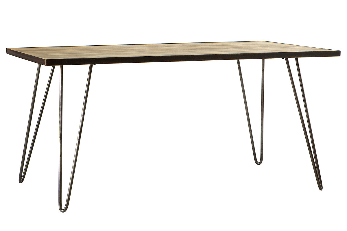 Mesa de comedor industrial ATELIER en madera maciza de mango y metal, vista de 3/4.