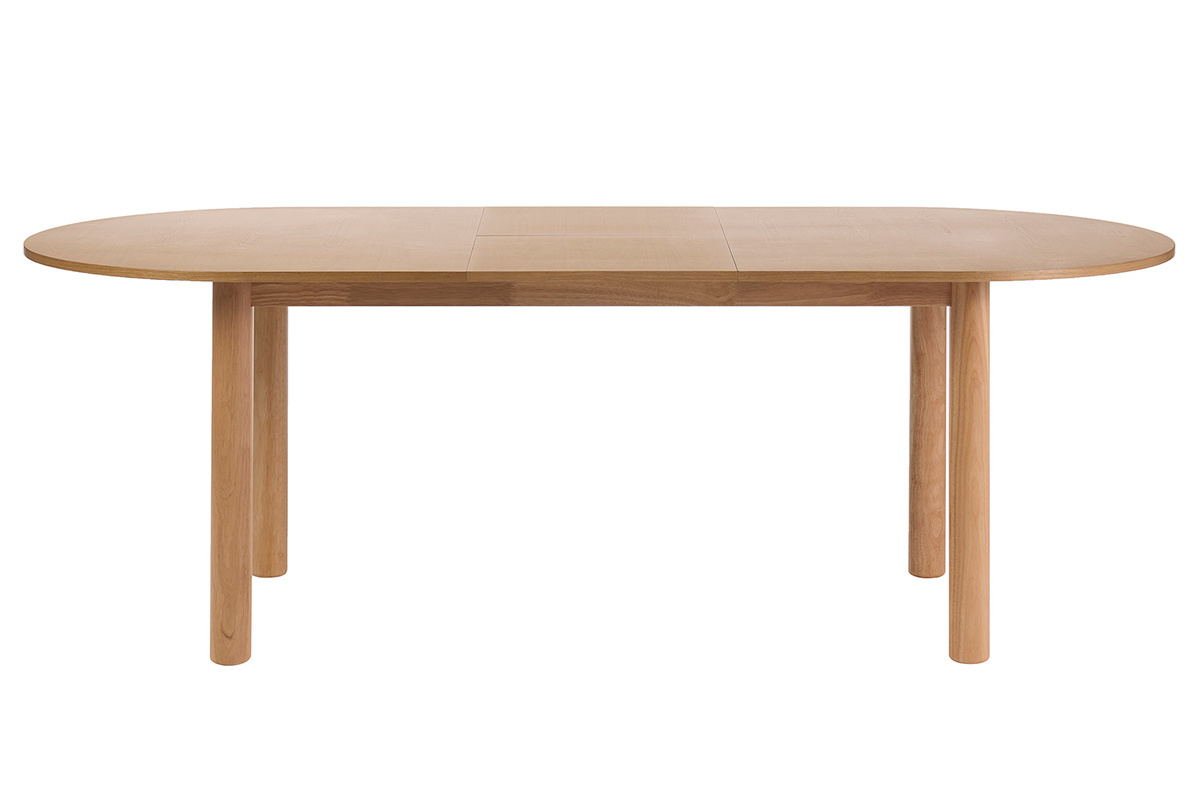 Mesa ovalada extensible de madera clara de fresno, vista frontal, L180-230 cm, modelo CLAUDIE.