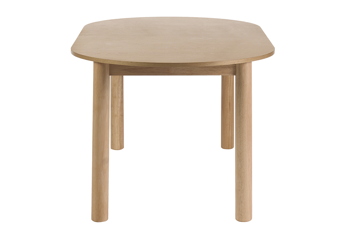 Mesa de comedor ovalada extensible de madera clara de fresno, vista de perfil.
