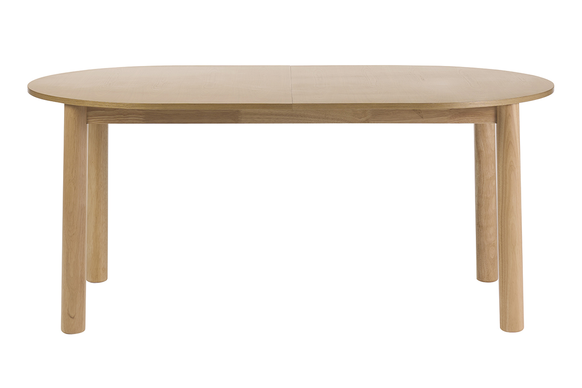 Mesa de comedor ovalada extensible de madera clara, vista frontal, dimensi�n L180-230 cm.