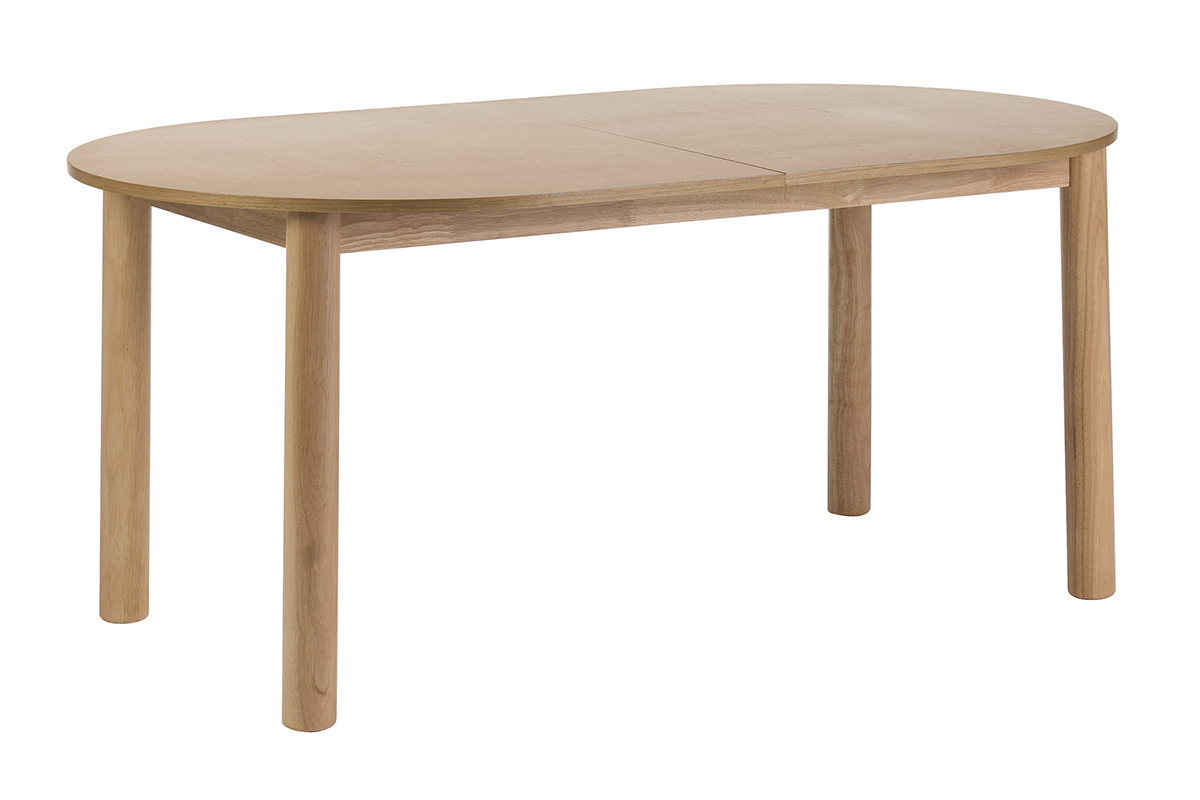 Mesa de comedor ovalada extensible de madera clara de fresno, vista en 3/4, dimensiones L180-230 cm
