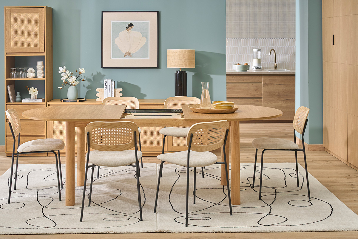 Mesa de comedor ovalada extensible de madera clara fresno L180-230 cm CLAUDIE