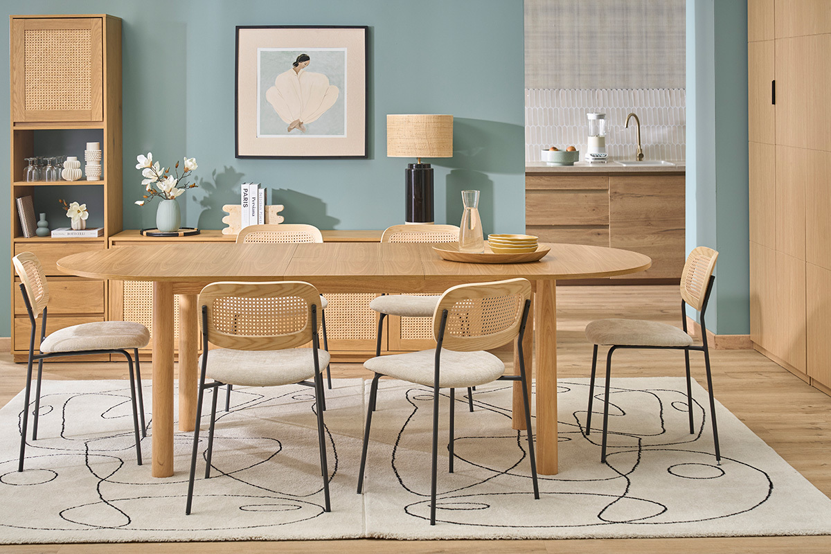 Mesa de comedor ovalada extensible de madera clara fresno L180-230 cm CLAUDIE