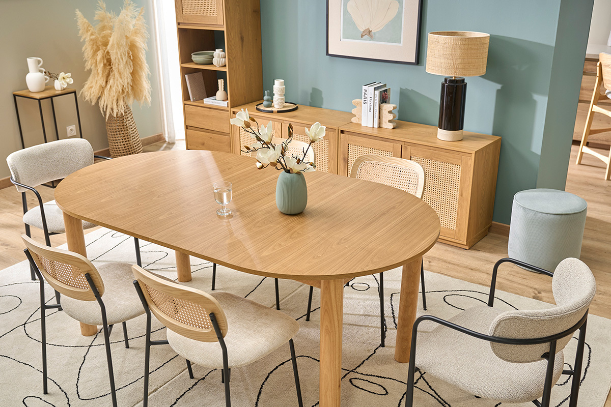 Mesa de comedor ovalada extensible de madera clara fresno L180-230 cm CLAUDIE