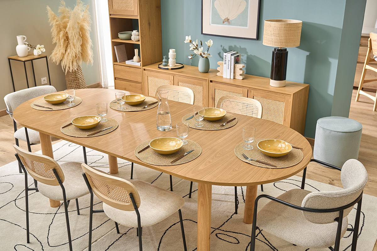 Mesa de comedor ovalada extensible de madera clara fresno L180-230 cm CLAUDIE
