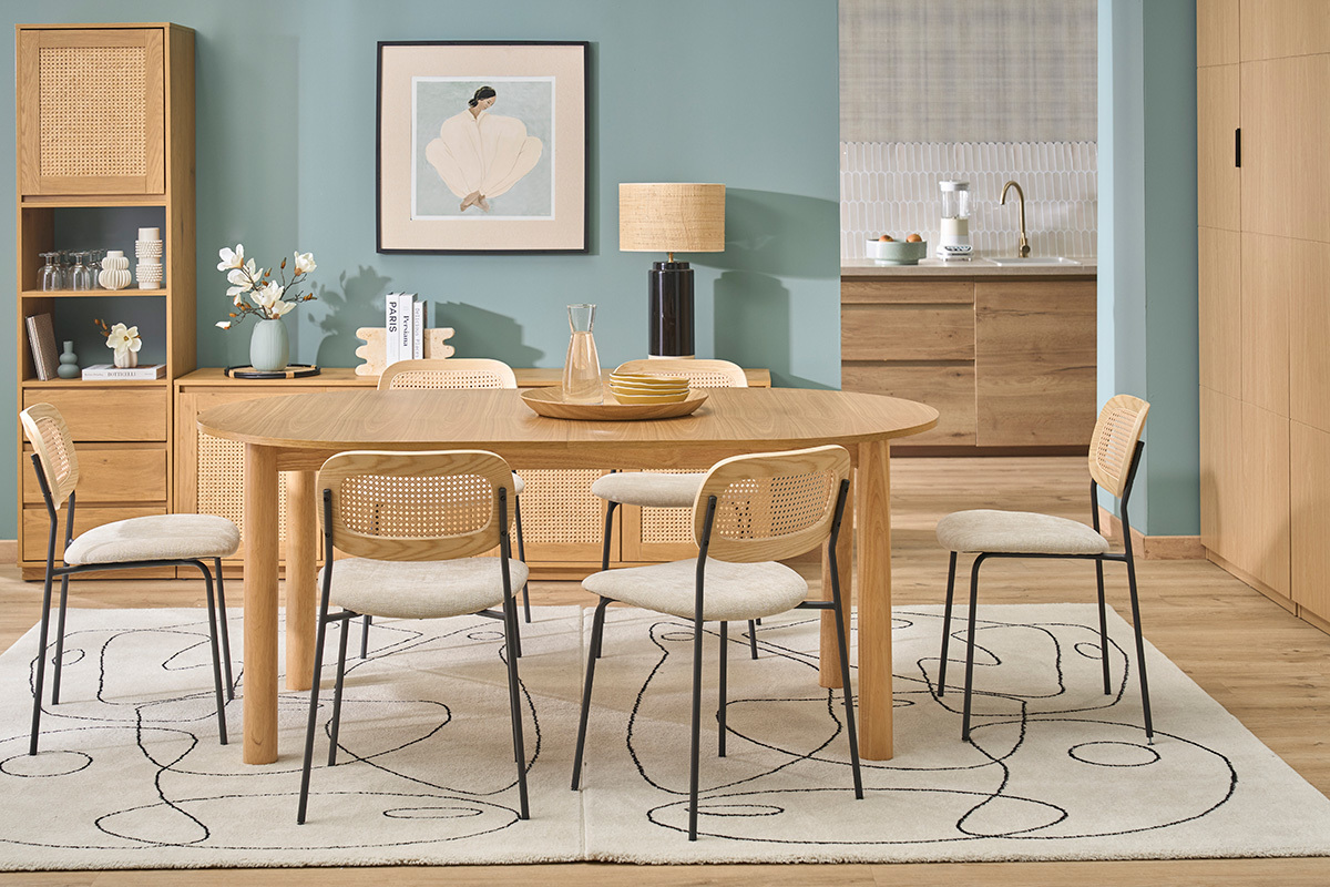 Mesa de comedor ovalada extensible de madera clara fresno L180-230 cm CLAUDIE