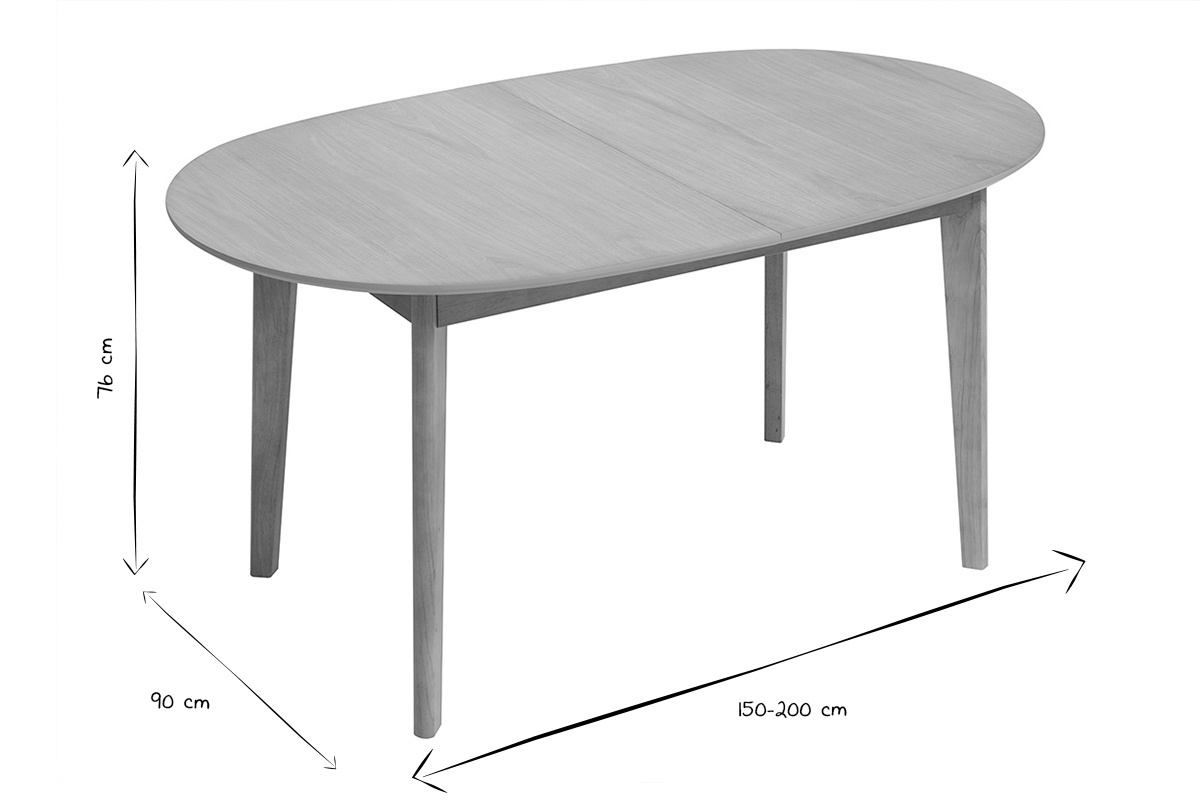 Mesa de comedor ovalada extensible de madera clara con dimensiones, vista de 3/4, en blanco y negro.