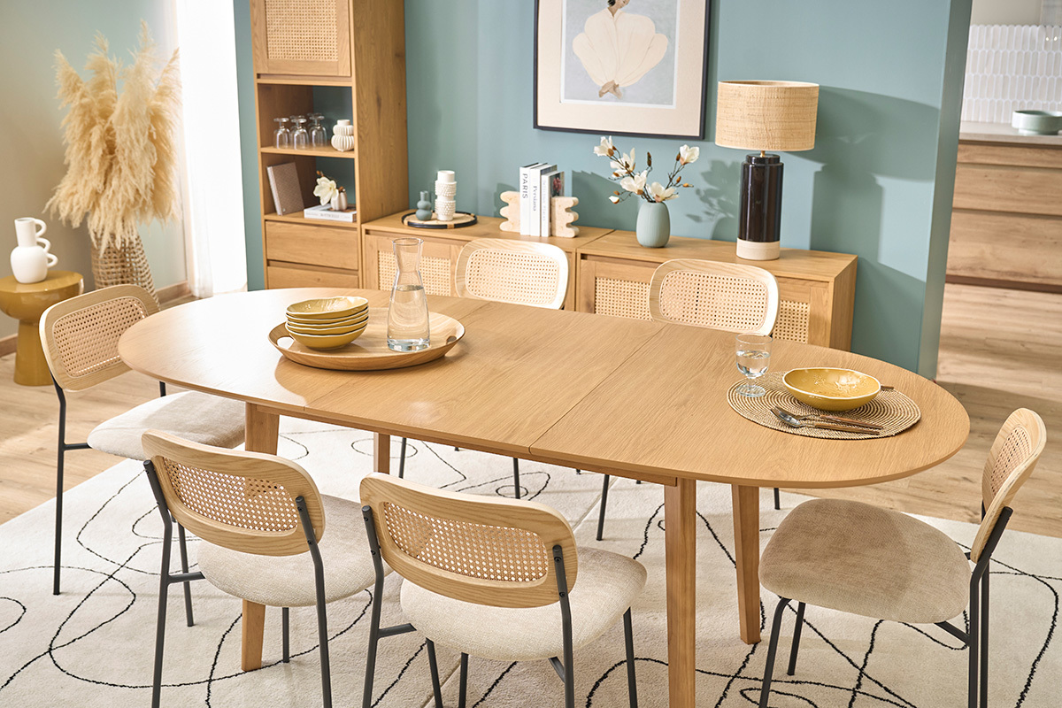 Mesa de comedor ovalada extensible de madera clara roble L150-200 cm ANSEL