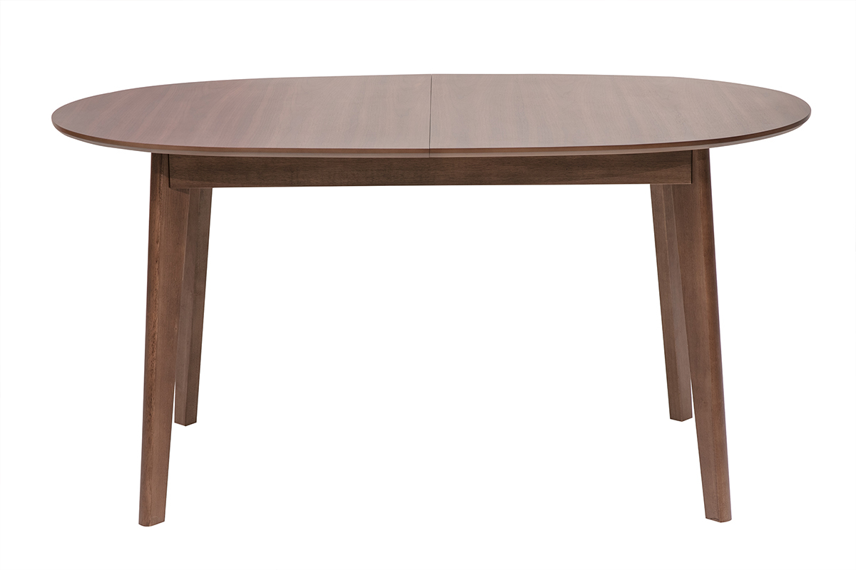 Mesa de comedor ovalada extensible de madera oscura nogal, vista frontal.