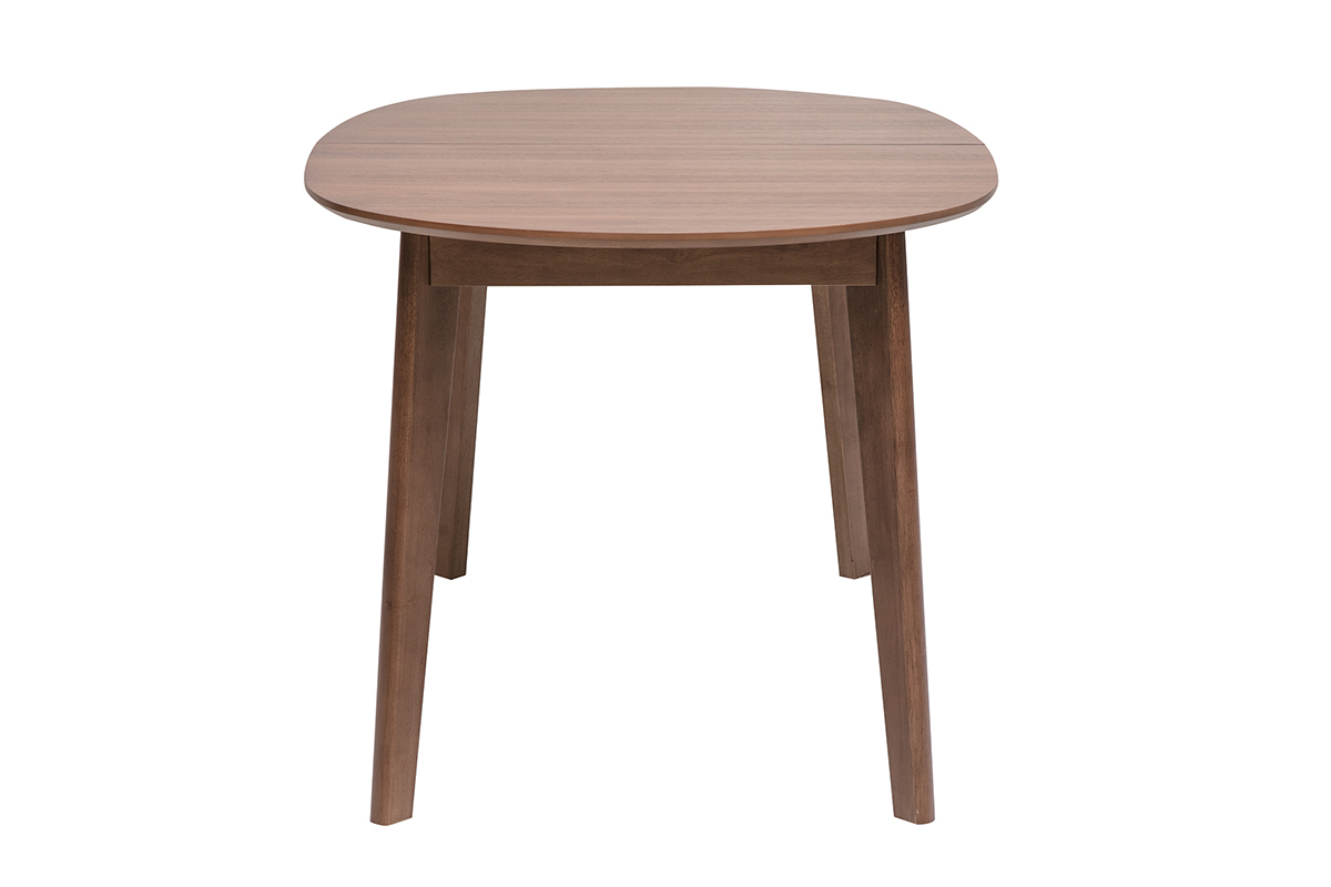 Mesa de comedor ovalada extensible de madera oscura de nogal, vista de perfil