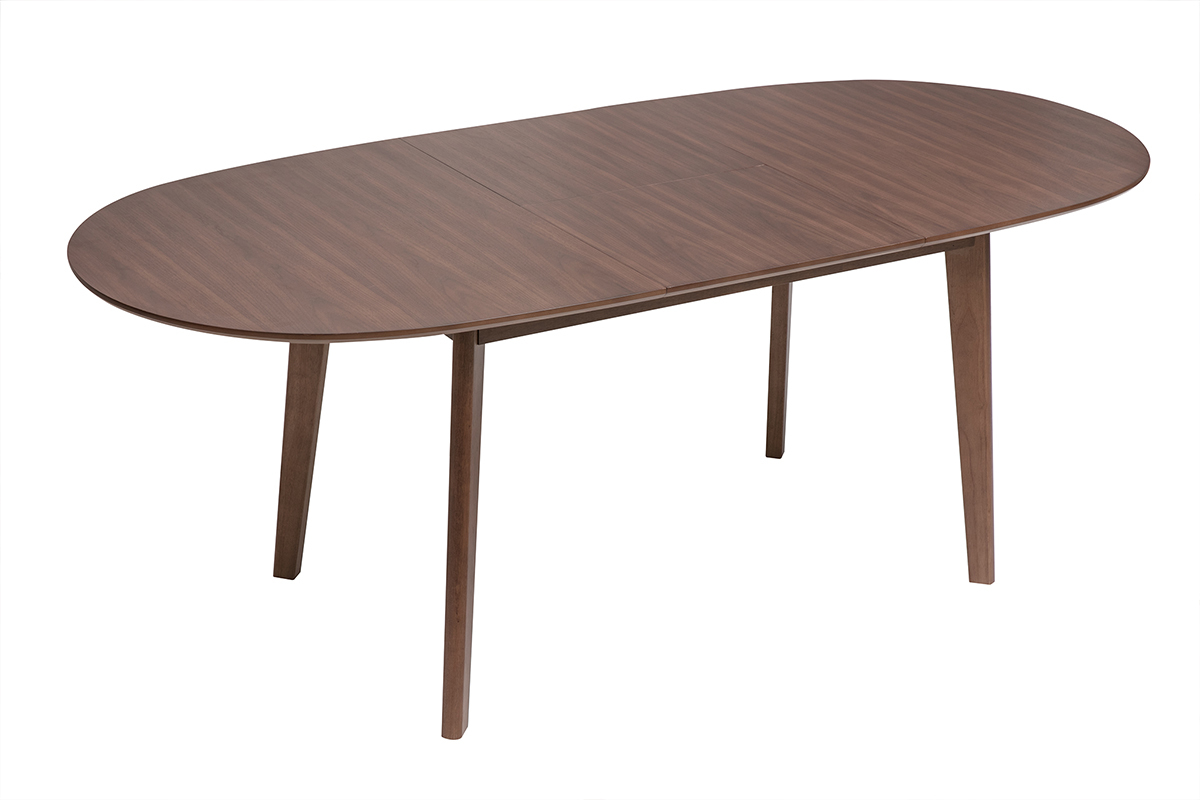 Mesa de comedor ovalada extensible de madera oscura nogal, vista en tres cuartos